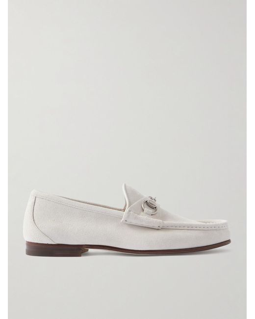 Gucci White Horsebit 1953 Collapsible-Heel Embellished Suede Loafers for men