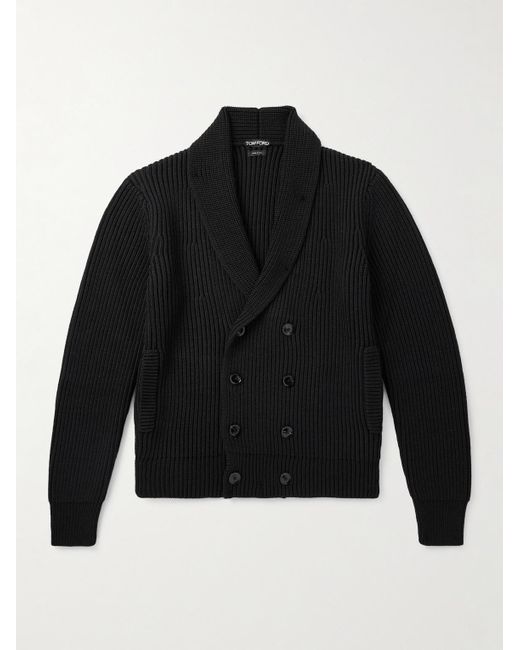 Tom Ford Black Shawl-Collar Double-Breasted Ribbed Wool And Silk-Blend Cardigan for men