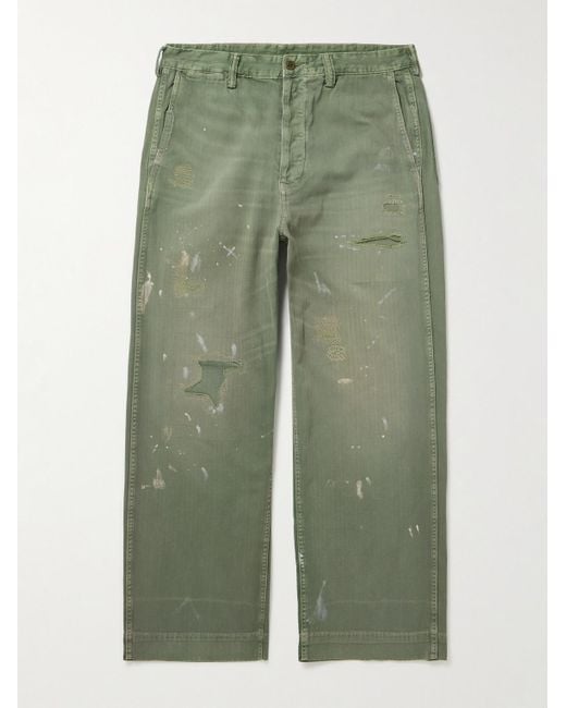 Polo Ralph Lauren Green Burroughs Straight-leg Distressed Herringbone Cotton-twill Trousers for men
