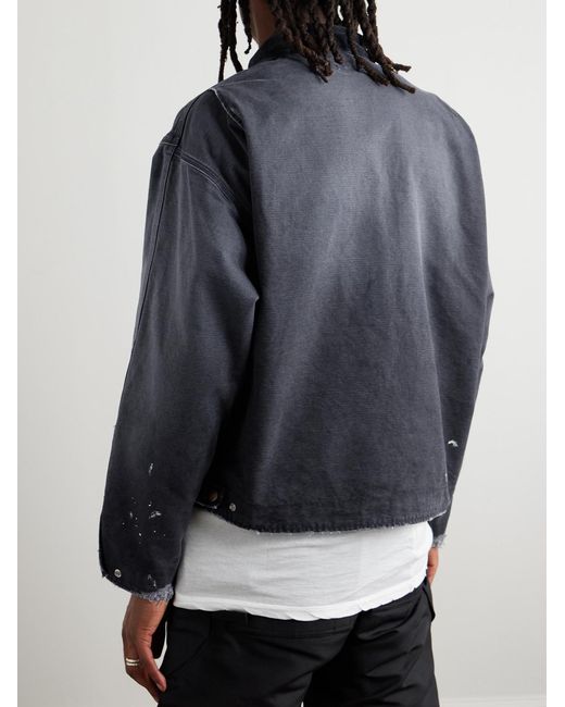 SAINT Mxxxxxx Blue Corduroy-Trimmed Logo-Embroidered Distressed Cotton-Canvas Jacket for men