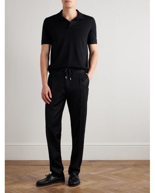 Lardini Black Straight-Leg Pleated Stretch Virgin Wool And Cashmere-Blend Drawstring Trousers for men