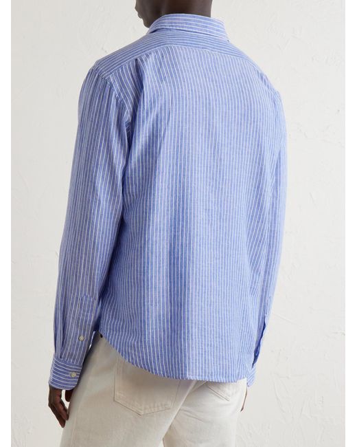 Polo Ralph Lauren Blue Striped Logo-Embroidered Cotton And Linen-Blend Seersucker Shirt for men