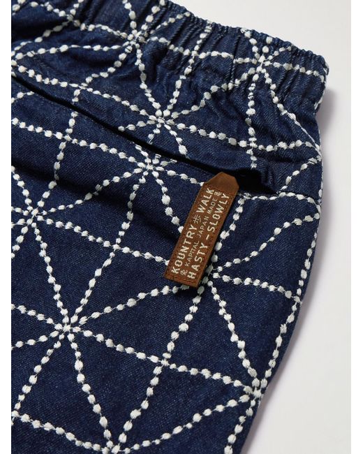 Kapital Blue Dojo Easy Wide-Leg Belted Embroidered Denim Shorts for men