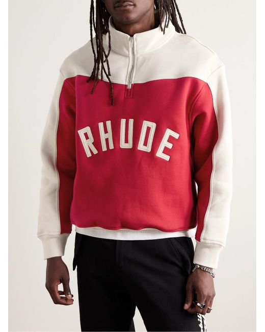 Rhude Zweifarbiges Sweatshirt aus Baumwoll-Jersey mit Logostickerei und kurzem Reißverschluss in Red für Herren