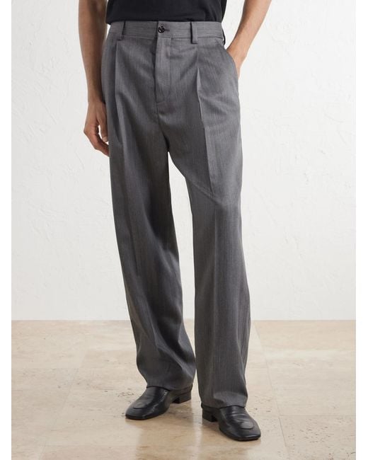 Valentino Garavani Gray Straight-Leg Pleated Herringbone Virgin Wool Trousers for men