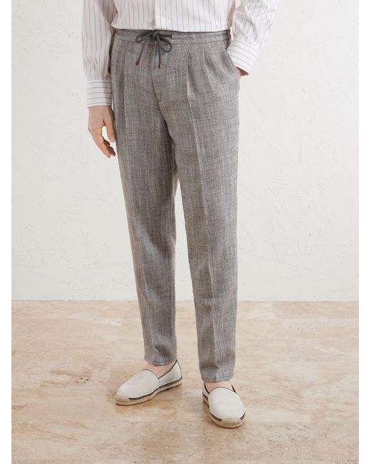 Brunello Cucinelli Gray Straight-Leg Pleated Herringbone Trousers for men