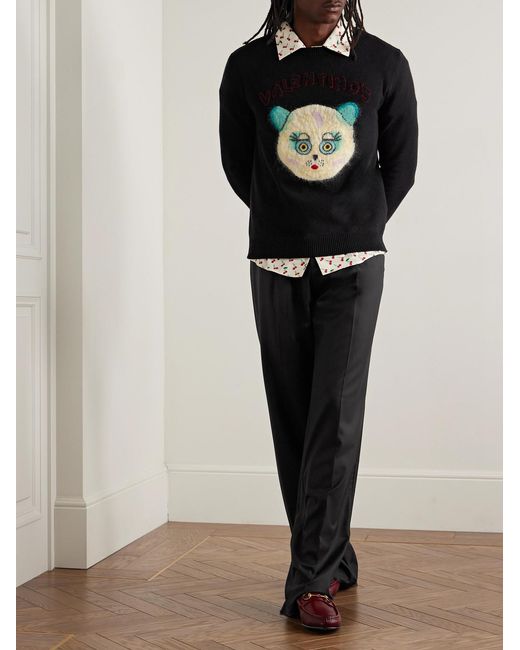 Valentino Garavani Black Logo-Appliquéd Intarsia-Knit Cotton And Virgin Wool-Blend Sweater for men
