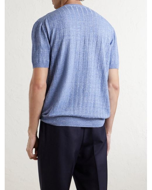 Boglioli Blue Ribbed Linen And Cotton-Blend T-Shirt for men