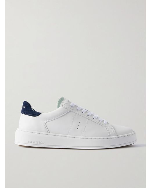 J.M. Weston White On Time Suede-Trimmed Leather Sneakers for men