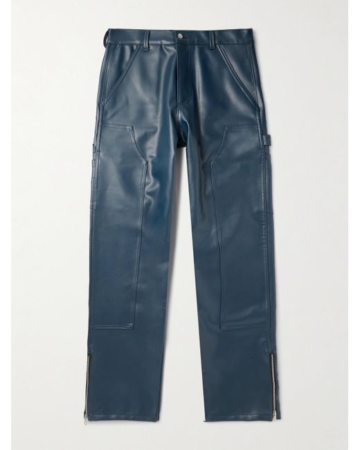 POLITE WORLDWIDE Blue Straight-leg Zip-detailed Grape Leather Trousers for men