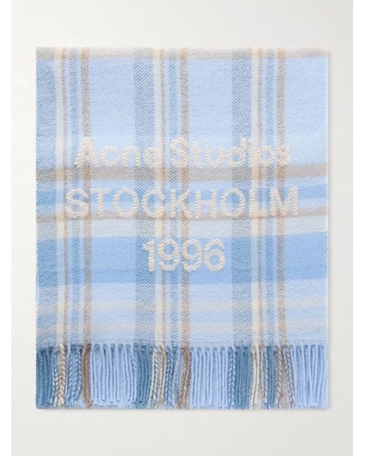 Acne Blue 1996 Fringed Checked Wool-blend Scarf for men