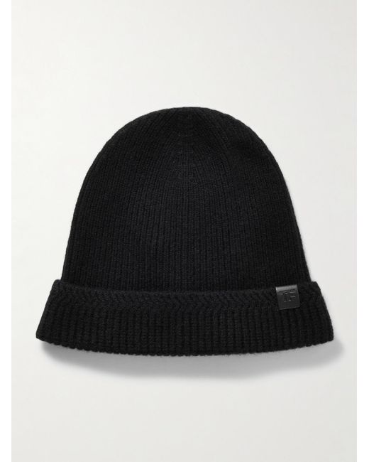 Tom Ford Black Leather-trimmed Ribbed Wool And Cashmere-blend Beanie