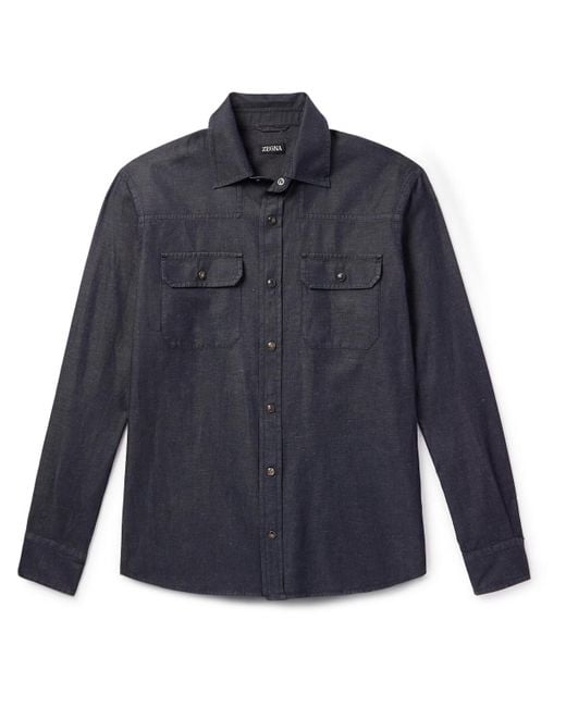 Zegna Blue Slim-Fit Cotton And Linen-Blend Twill Shirt for men