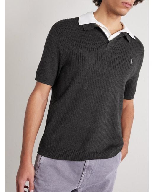 Polo Ralph Lauren Black Logo-Embroidered Ribbed Cotton Polo Shirt for men