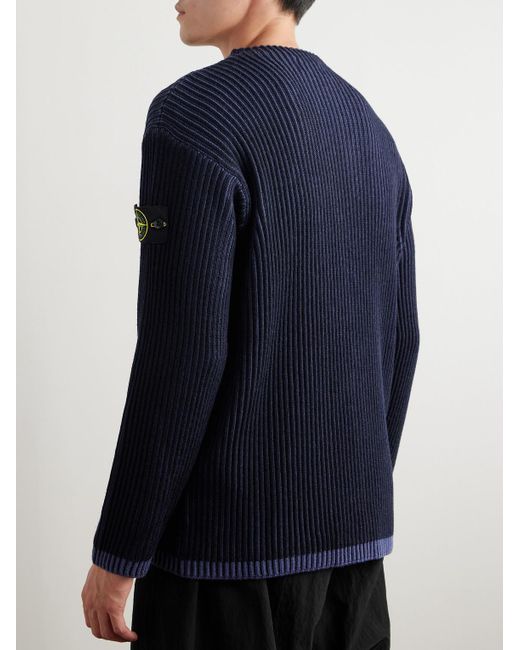 Stone Island Blue Two-tone Logo-appliquéd Ribbed Wool Sweater for men