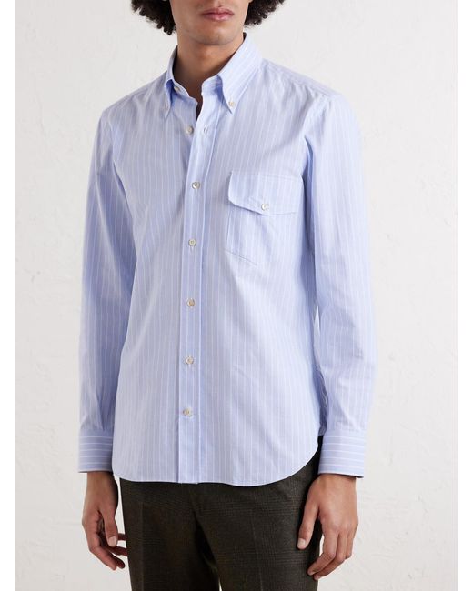 J. Mueser White Striped Button-down Collar Cotton Oxford Shirt for men