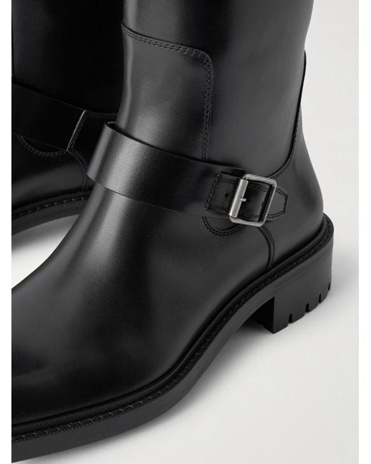 Saint Laurent Black Vadim Buckled Leather Knee Boots for men
