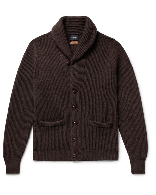 Drake's Brown Slim-fit Shawl-collar Ribbed Wool Cardigan for men