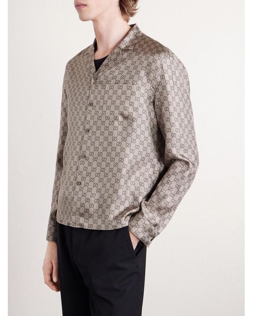 Gucci White Camp-Collar Logo-Jacquard Silk-Twill Shirt for men