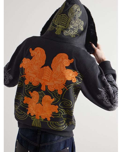 Acne Blue Faux Fur-Trimmed Embroidered Cotton-Jersey Hoodie for men