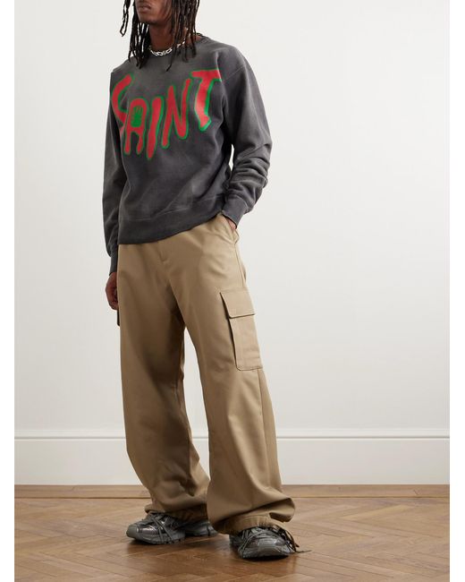 SAINT Mxxxxxx Gray Distressed Logo-Print Cotton-Jersey Sweatshirt for men