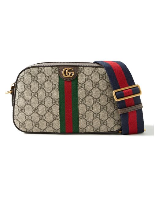 GUCCI Leather-Trimmed Monogrammed Coated-Canvas Messenger Bag for Men