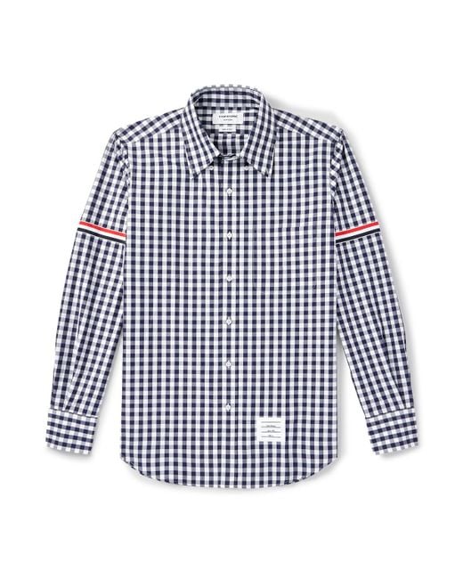 Thom Browne Blue Button-down Collar Logo-appliquéd Webbing-trimmed Gingham Cotton-poplin Shirt for men