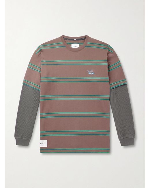 (w)taps Gray Waffle-Knit Trimmed Logo-Embroidered Striped Cotton-Jersey T-Shirt for men