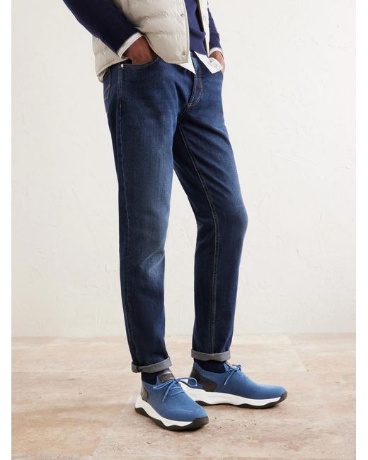 Berluti Blue Shadow Leather-Trimmed Stretch-Knit Sneakers for men