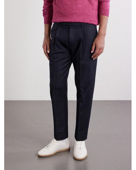 Zegna Blue Straight-leg Pleated Cotton And Linen-blend Trousers for men