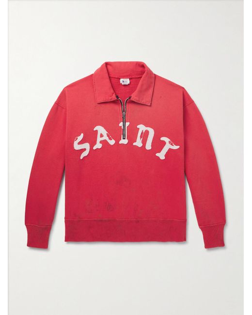 SAINT Mxxxxxx Red Distressed Logo-appliquéd Cotton-jersey Half-zip Sweatshirt for men