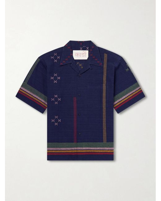 Kardo Blue Rohit Camp-Collar Striped Cotton Shirt for men
