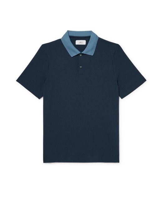 Mr P. Blue Two-Tone Stretch-Linen And Cotton-Blend Jersey Polo Shirt for men