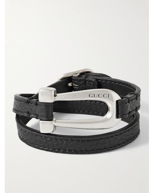 Gucci Black Full-grain Leather And Sterling Silver Wrap Bracelet for men
