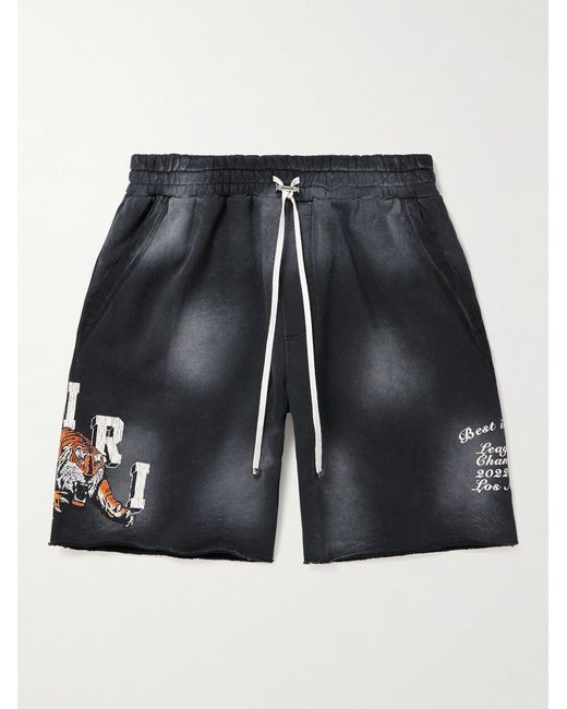 Amiri Black Wide-Leg Logo-Print Distressed Cotton-Jersey Drawstring Shorts for men
