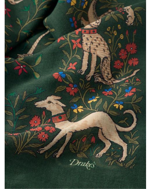 Drake's Green Printed Wool And Silk-Blend Scarf for men