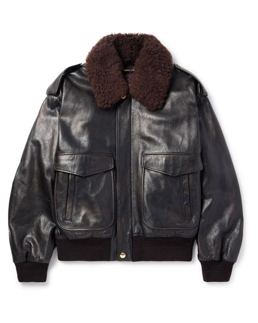 Versace Black Shearling-trimmed Logo-embossed Leather Jacket for men