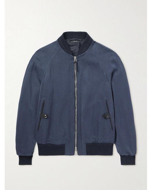 Tom Ford Blue Leather-Trimmed Lyocell-Twill Bomber Jacket for men
