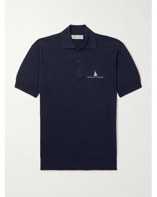 Brunello Cucinelli Blue Slim-fit Logo-embroidered Silk And Cotton-blend Polo Shirt for men
