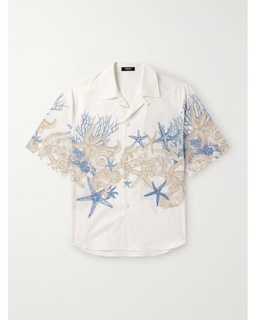 Versace White Barocco Sea Camp-Collar Printed Cotton-Poplin Shirt for men