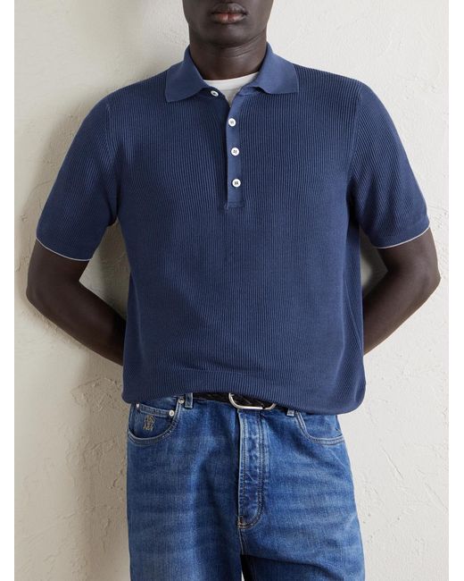 Brunello Cucinelli Blue Ribbed Cotton Polo Shirt for men