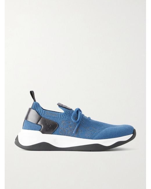 Berluti Blue Shadow Leather-Trimmed Stretch-Knit Sneakers for men