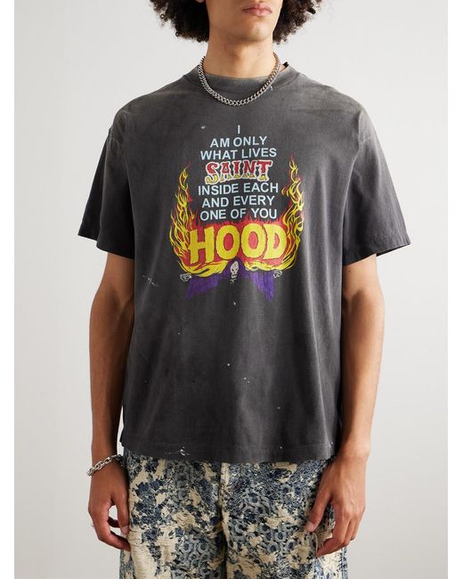 SAINT Mxxxxxx Black Neighborhood Distressed Paint-splattered Printed Cotton-jersey T-shirt for men