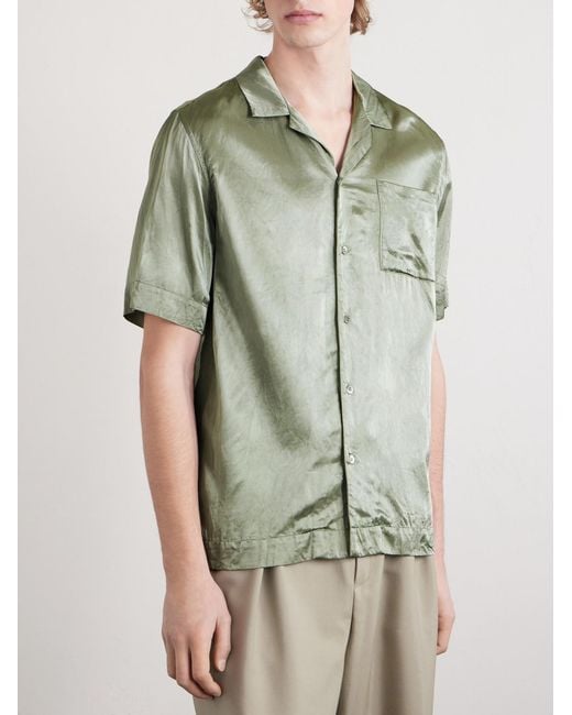 Dries Van Noten Green Camp-Collar Satin-Twill Shirt for men
