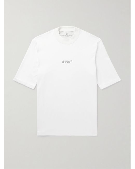 Brunello Cucinelli T-Shirt aus Baumwoll-Jersey mit Logoprint und Stehkragen in White für Herren