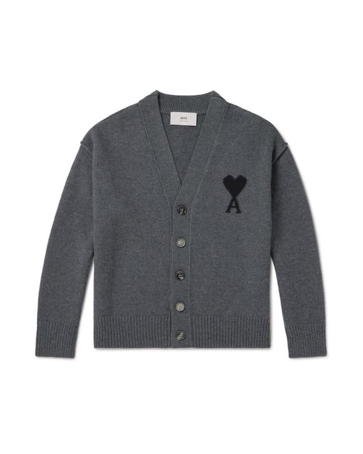 AMI Gray Logo-Intarsia Virgin Wool Cardigan for men