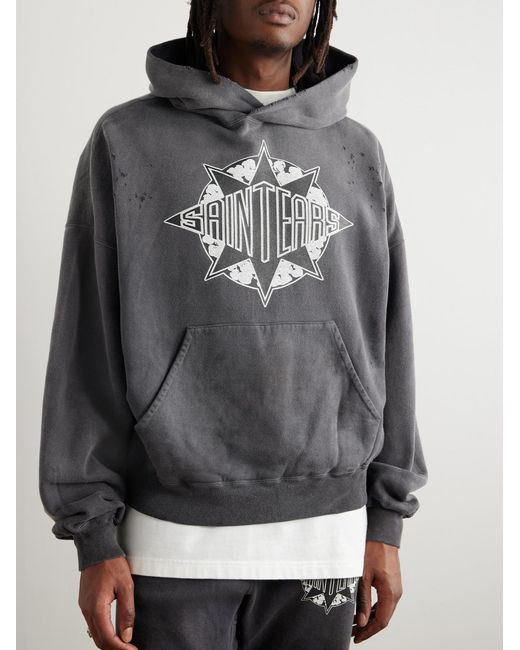 SAINT Mxxxxxx Gray Denim Tears Logo-Print Distressed Cotton-Jersey Hoodie for men