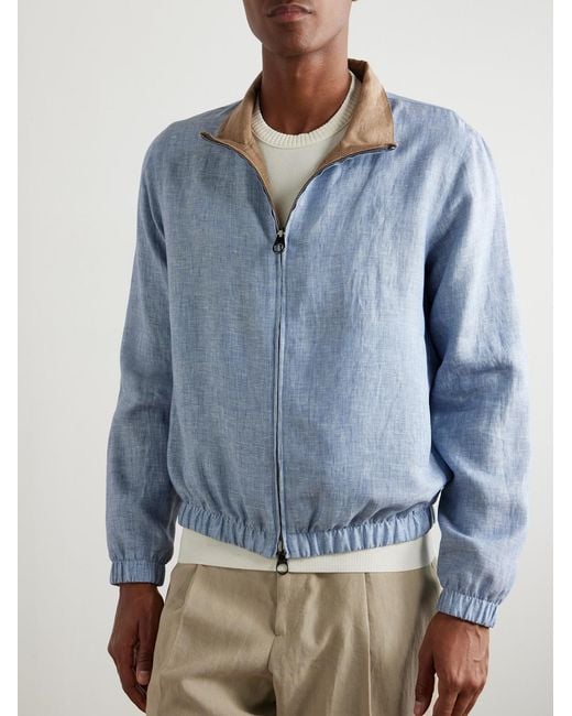 Loro Piana Blue Reversible Linen Bomber Jacket for men