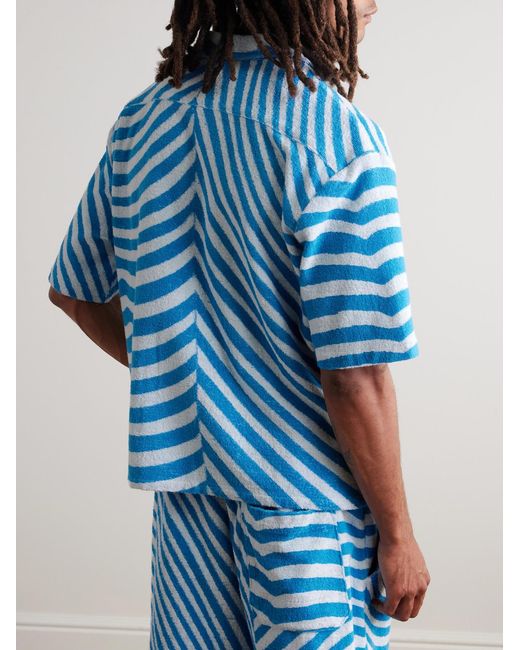 The Elder Statesman Blue Camp-Collar Embroidered Striped Organic Cotton-Terry Shirt for men