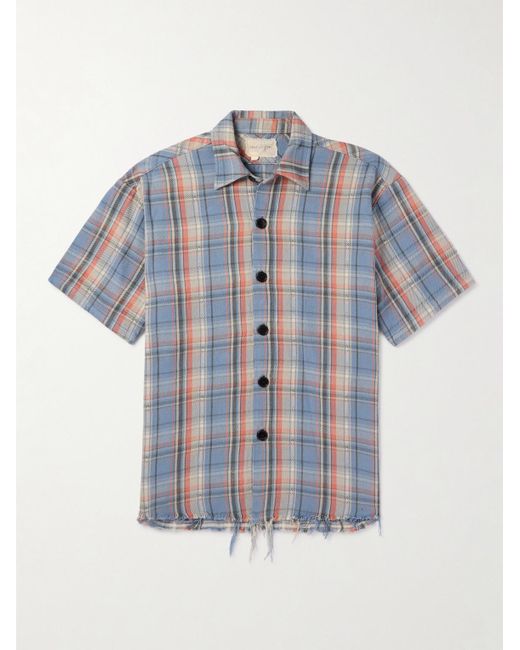 Greg Lauren Blue Frayed Checked Cotton-flannel Shirt for men